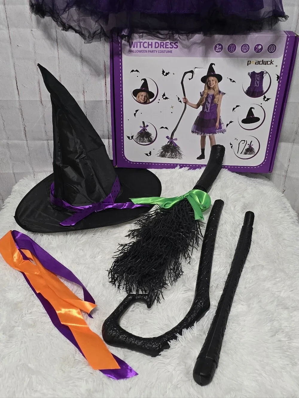 Kids Witch Halloween Costume Set Size M Purple Dress Hat & Broom